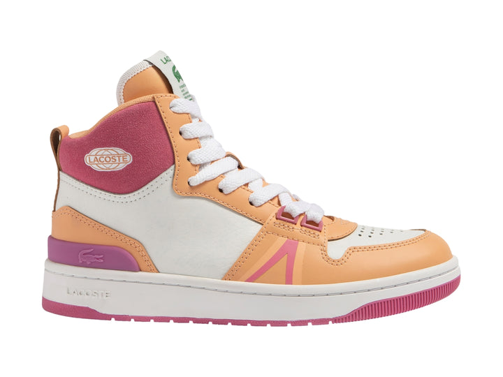 Tenis Lacoste L001 Mid en colores blanco, naranja y rosa con agujetas blancas.