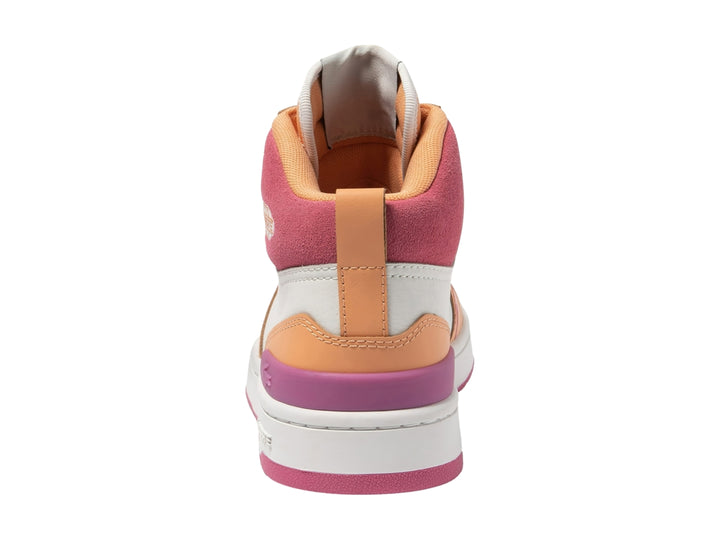 Tenis Lacoste L001 Mid en colores blanco, naranja y rosa con agujetas blancas.