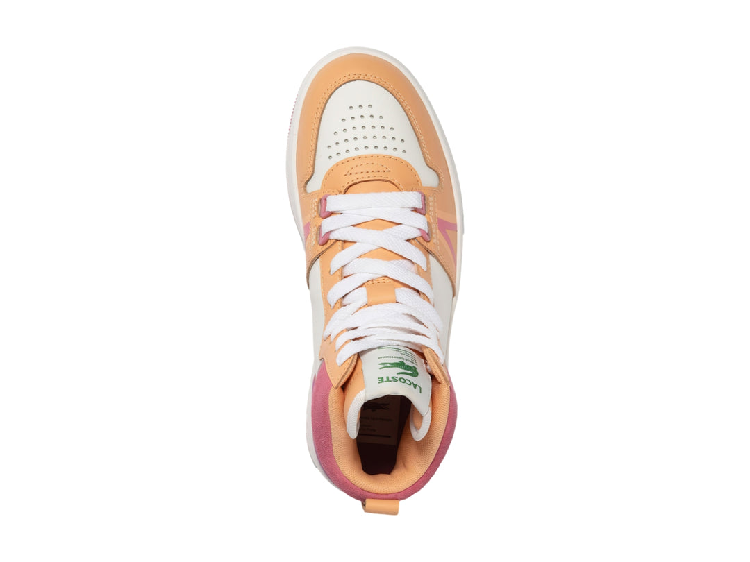 Tenis Lacoste L001 Mid en colores blanco, naranja y rosa con agujetas blancas.