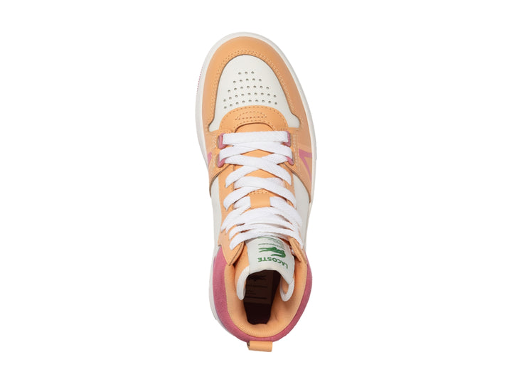 Tenis Lacoste L001 Mid en colores blanco, naranja y rosa con agujetas blancas.