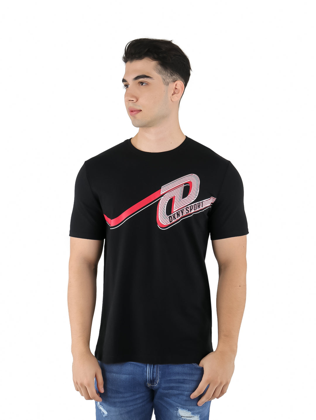 Playera negra de manga corta DKNY Sport con diseño gráfico en el pecho.