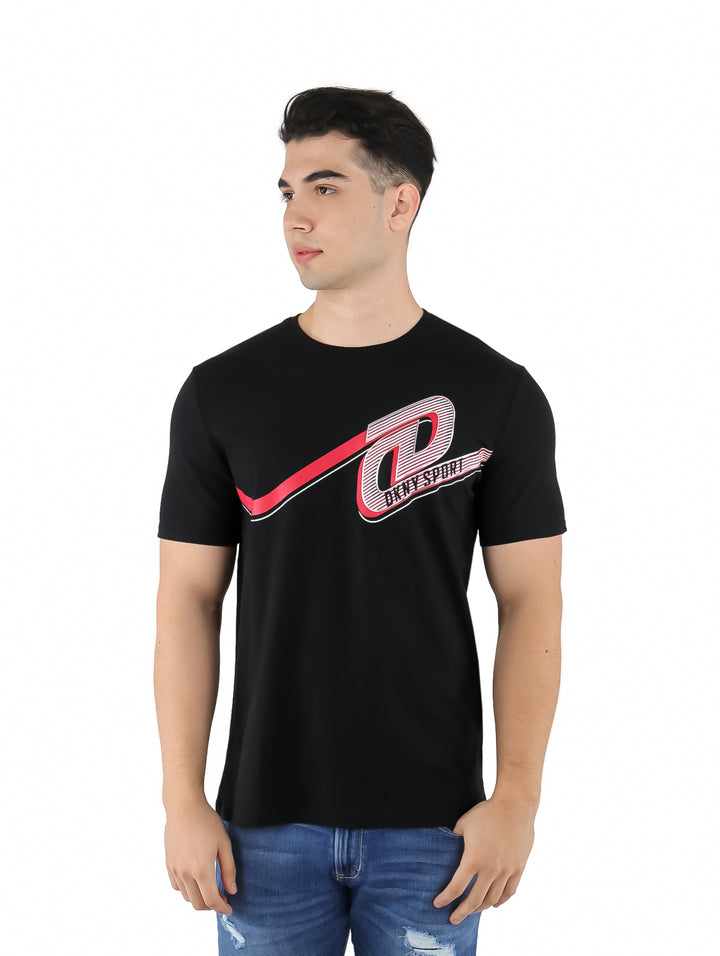 Playera negra de manga corta DKNY Sport con diseño gráfico en el pecho.