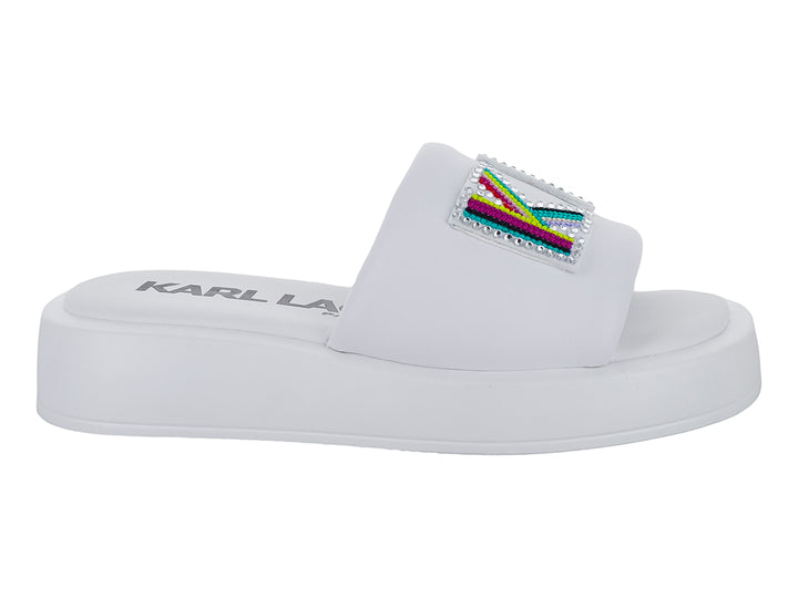 Sandalias blancas de plataforma Karl Lagerfeld con logotipo decorado en colores brillantes y cristales.