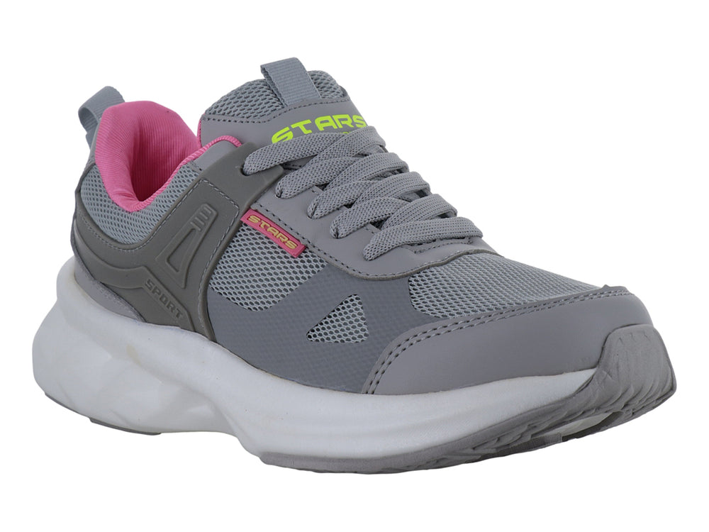 Tenis deportivos color gris con interior rosa neón y suela blanca.