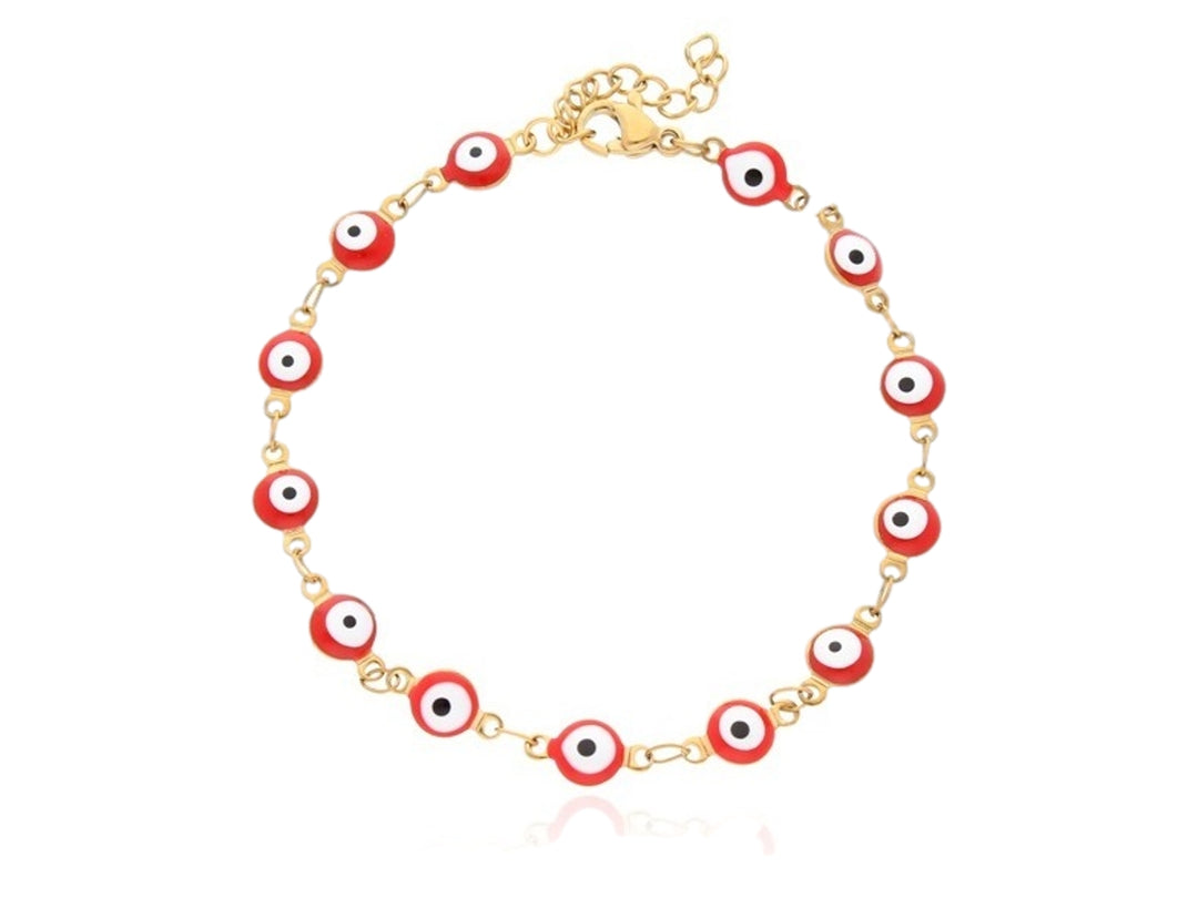 Pulsera de cadena dorada con cuentas circulares rojas y blancas que representan el ojo turco.