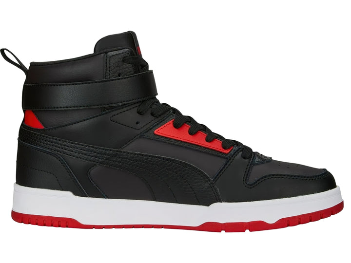 Tenis Puma de corte alto en color negro con suela blanca y detalles en rojo.