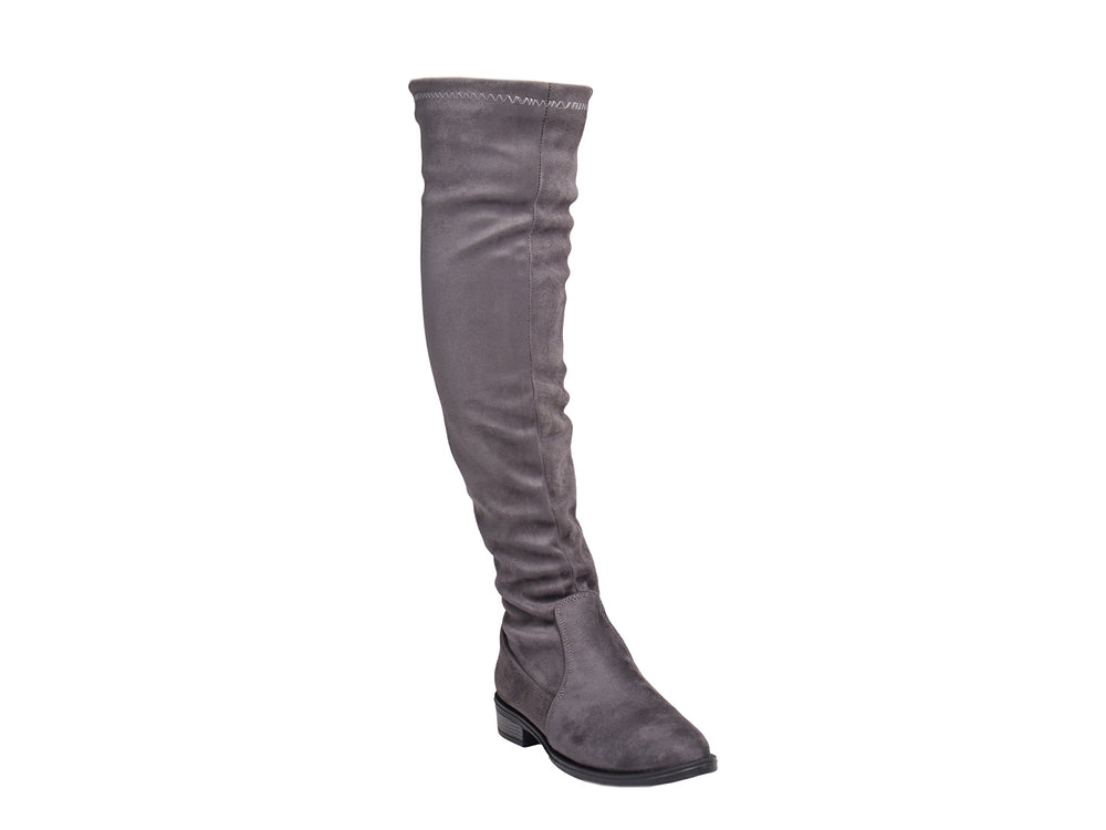Bota alta de color gris con suela plana y acabado mate para mujer.