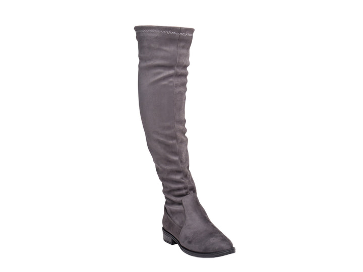 Bota alta de color gris con suela plana y acabado mate para mujer.