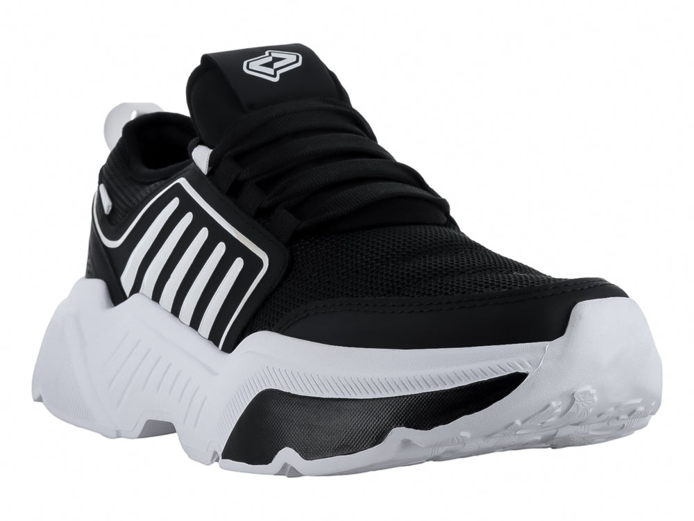 Tenis de baloncesto marca THENTIC en colores negro y blanco con suela blanca robusta y detalles de rayas laterales.