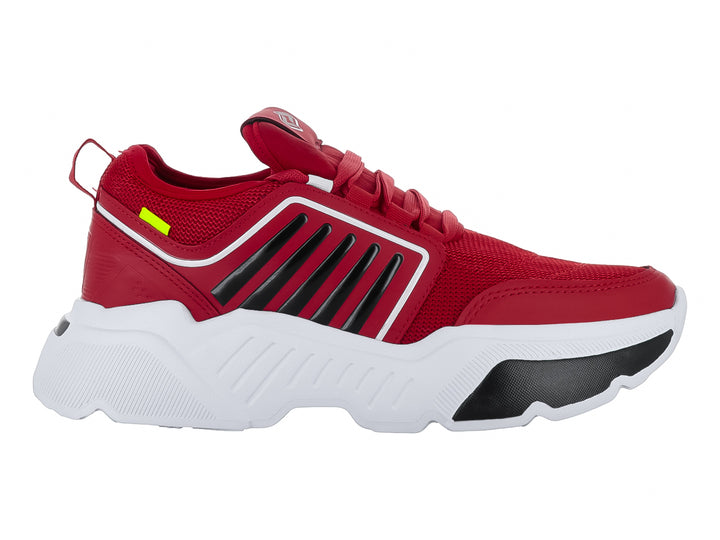 Tenis deportivos THENTIC en color rojo y blanco con suela blanca gruesa y detalles en negro.