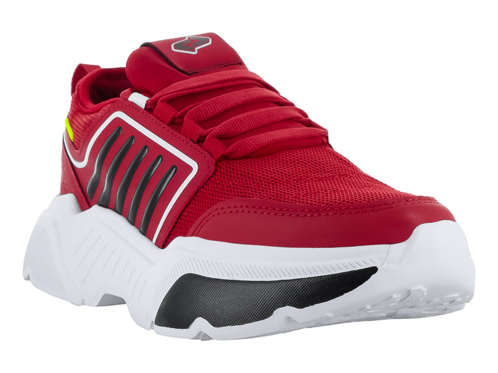 Tenis deportivos THENTIC en color rojo y blanco con suela blanca gruesa y detalles en negro.