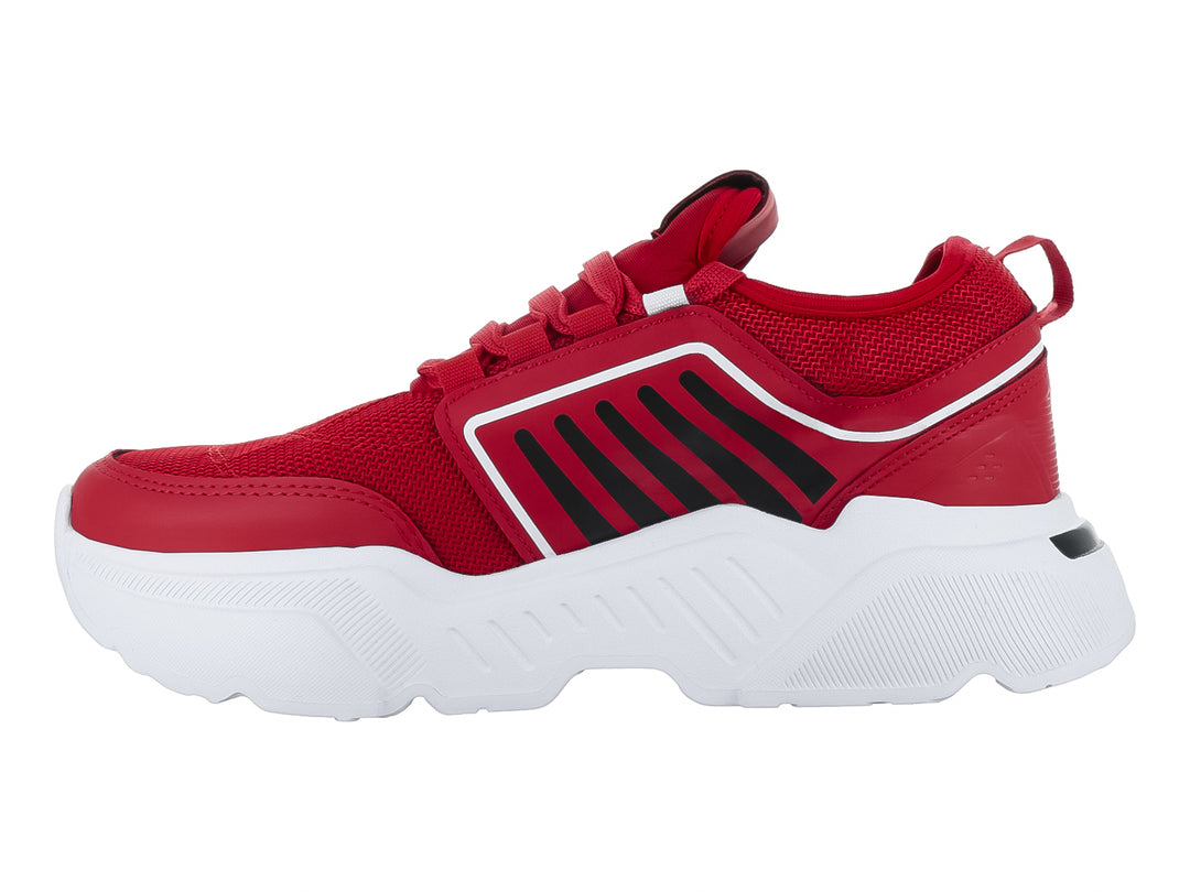 Tenis deportivos THENTIC en color rojo y blanco con suela blanca gruesa y detalles en negro.