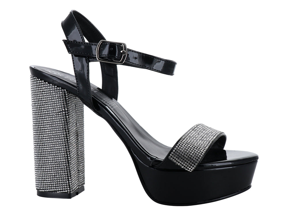 Sandalia de mujer marca ROZE en charol negro con plataforma y detalles brillantes en plata.
