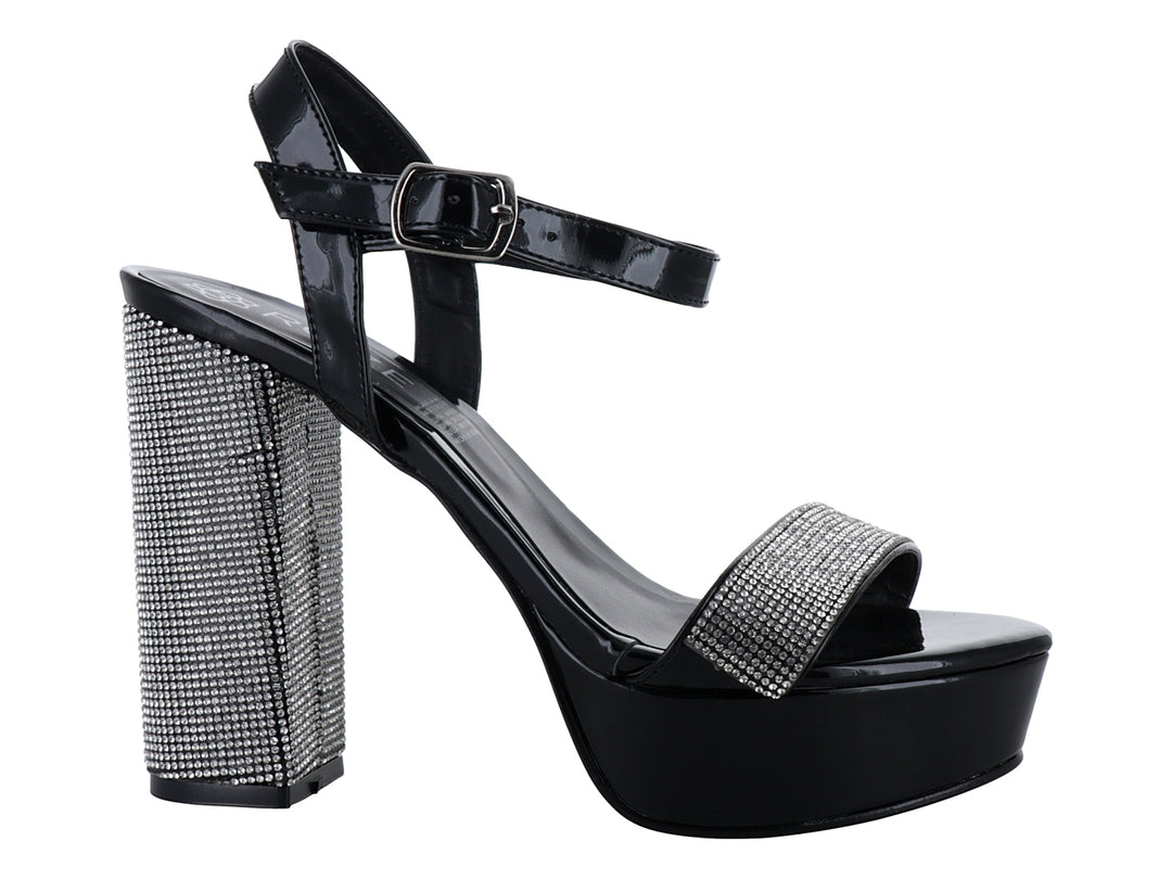 Sandalia de mujer marca ROZE en charol negro con plataforma y detalles brillantes en plata.