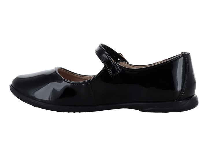 Zapato infantil de charol negro brillante con correa y hebilla dorada sobre fondo blanco.