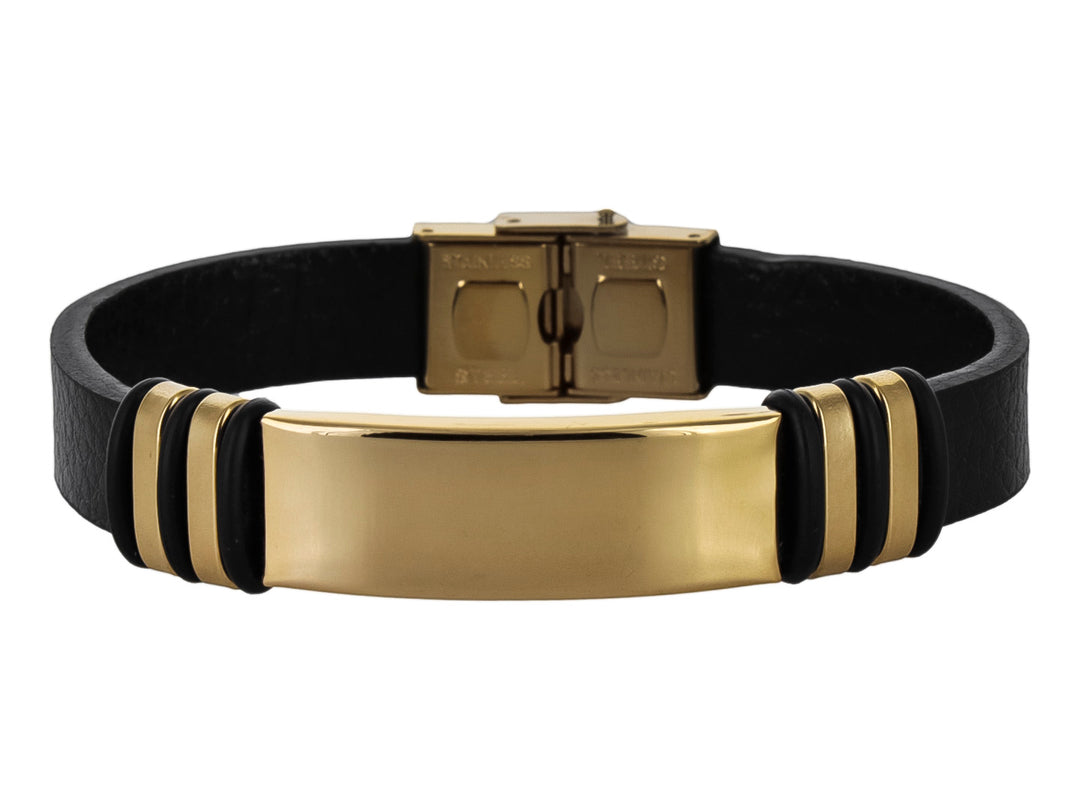 Pulsera de cuero negro con placa central y detalles en color oro brillante.