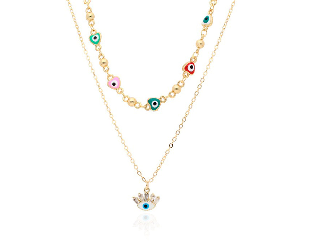 Collar de dos capas en color oro con cuentas multicolores y un dije de ojo turco azul.