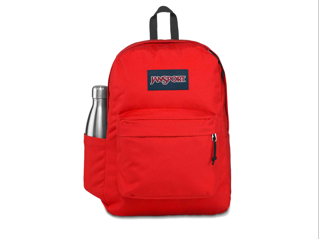 Mochila escolar JanSport color rojo con un bolsillo frontal y asa superior en color gris.
