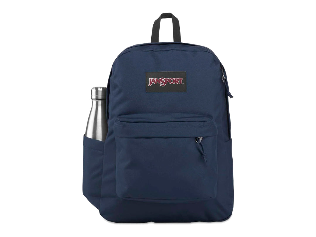 Mochila JanSport Superbreak Plus en color azul navy con bolsillo frontal y asa superior.