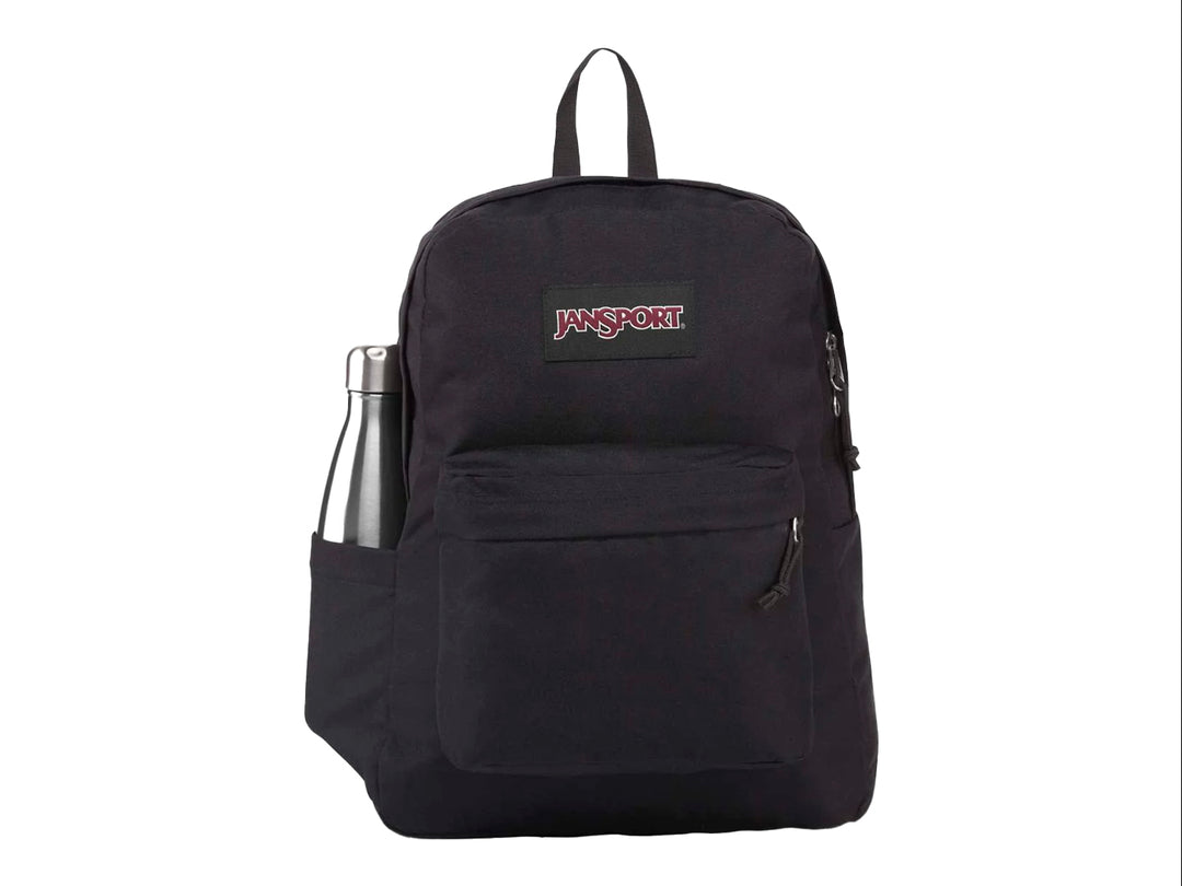 Mochila JanSport Superbreak Plus color negro con un bolsillo frontal y compartimento lateral para botella.
