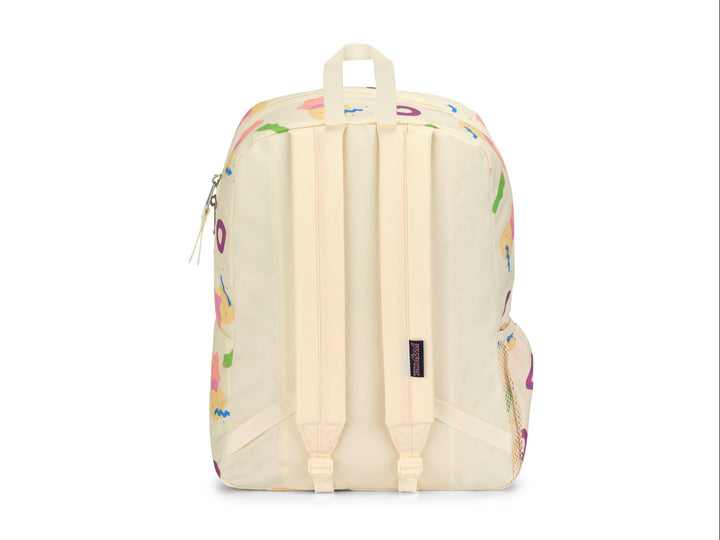 Mochila JanSport color beige con estampado de figuras geométricas en colores neón y logotipo frontal.