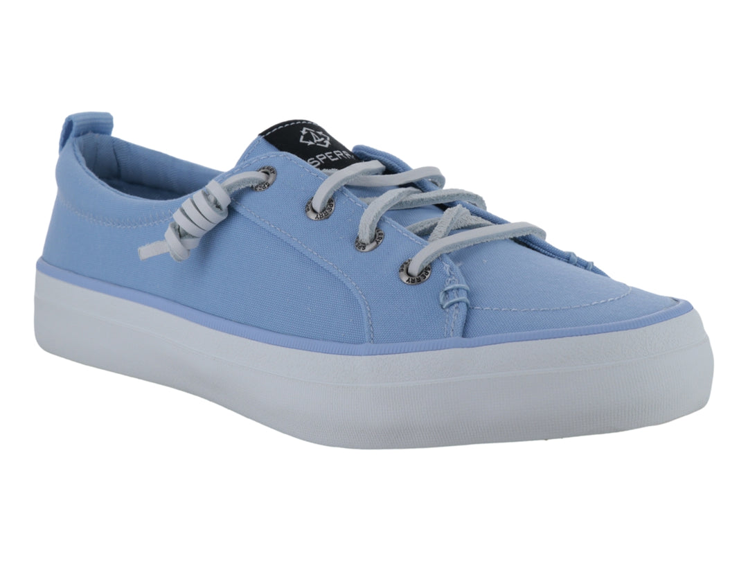 Tenis casuales Sperry de lona en color azul claro con suela blanca y cordones.