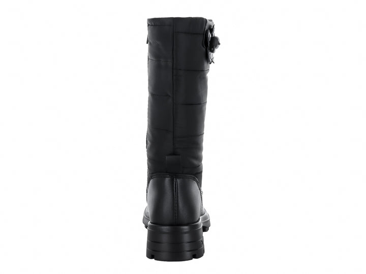 Bota alta de color negro con suela track y detalle floral decorativo en el lateral.