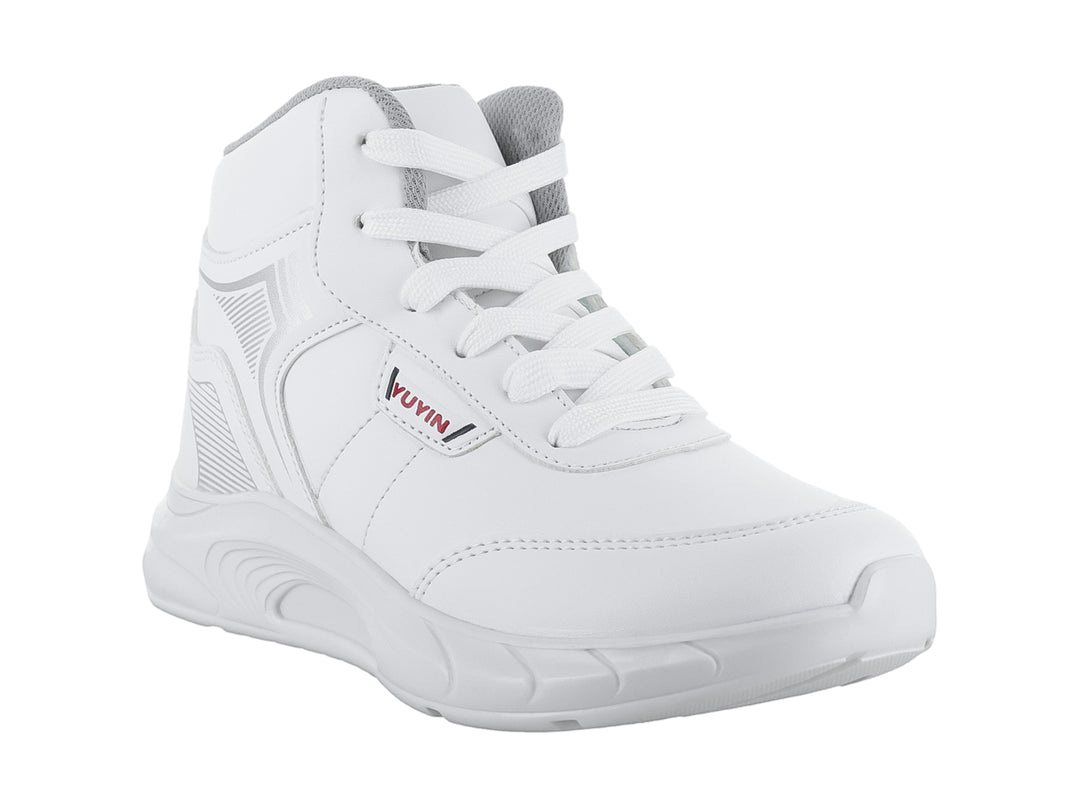 Tenis botín blanco para niño de material sintético con agujetas y suela blanca.