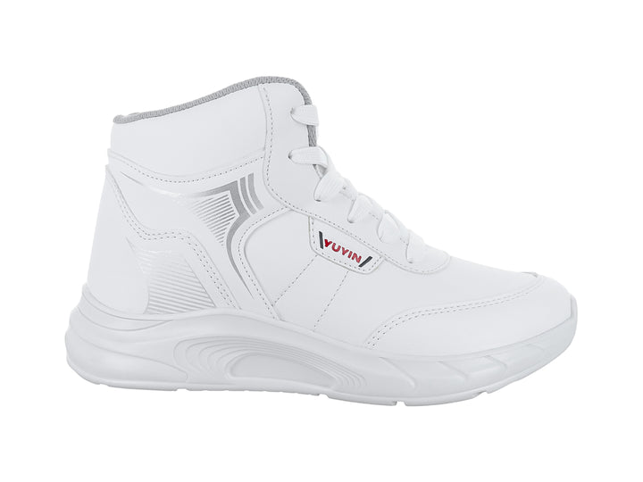 Tenis botín blanco para niños de material sintético con agujetas y suela blanca.