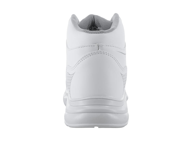 Tenis botín blanco para niños de material sintético con agujetas y suela blanca.