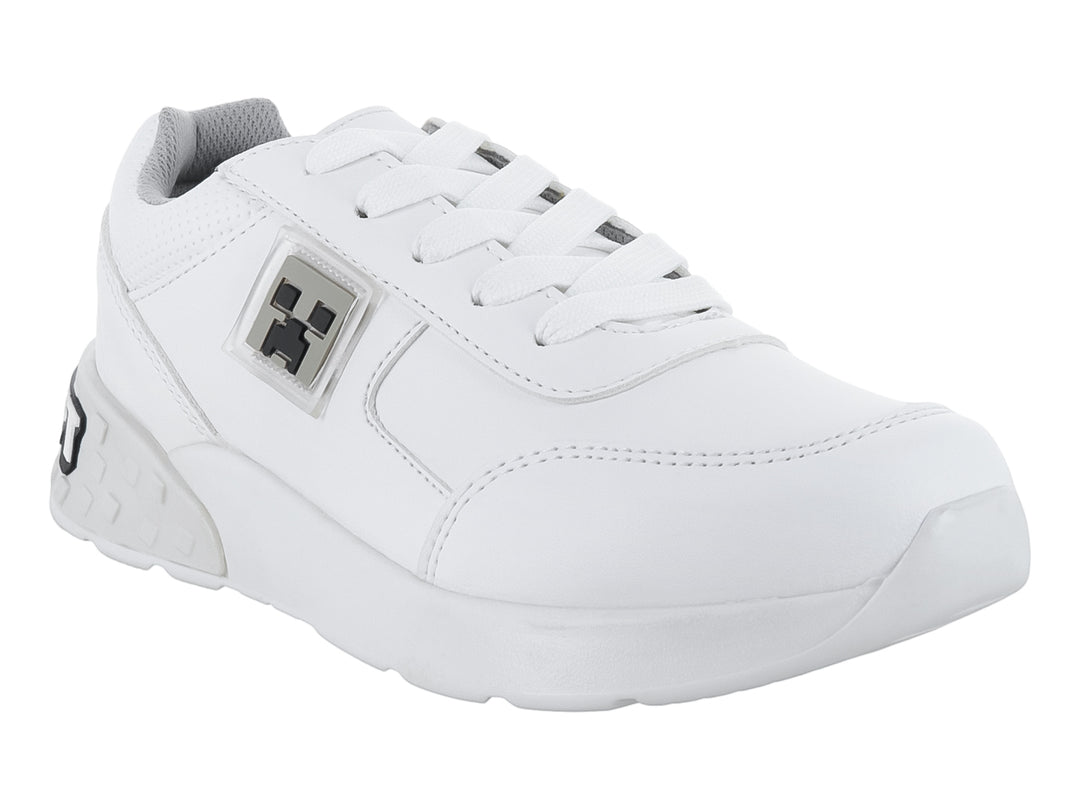 Tenis deportivos color blanco para niño o niña con detalles en gris y agujetas blancas.