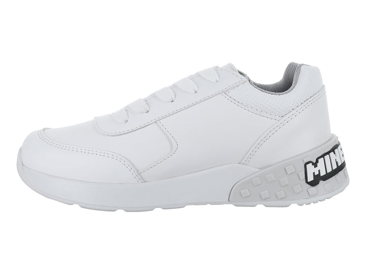 Tenis deportivos color blanco para niño o niña con detalles en gris y agujetas blancas.