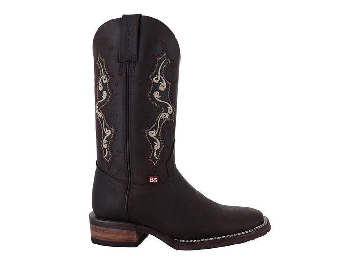 Bota vaquera Israel Boots color café con bordados decorativos en beige y suela de madera.