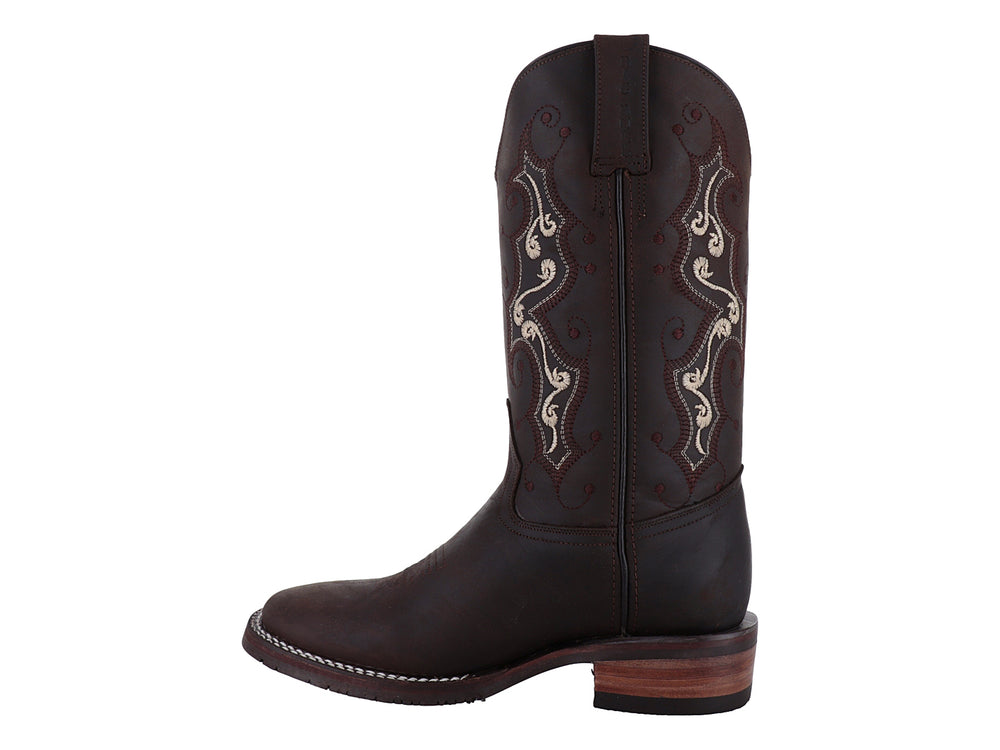 Bota vaquera Israel Boots color café con bordados decorativos en beige y suela de madera.
