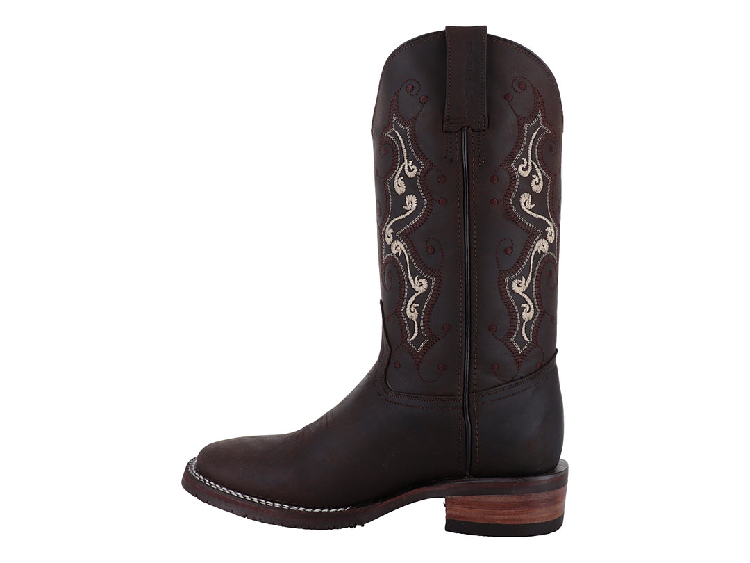 Bota vaquera Israel Boots color café con bordados decorativos en beige y suela de madera.