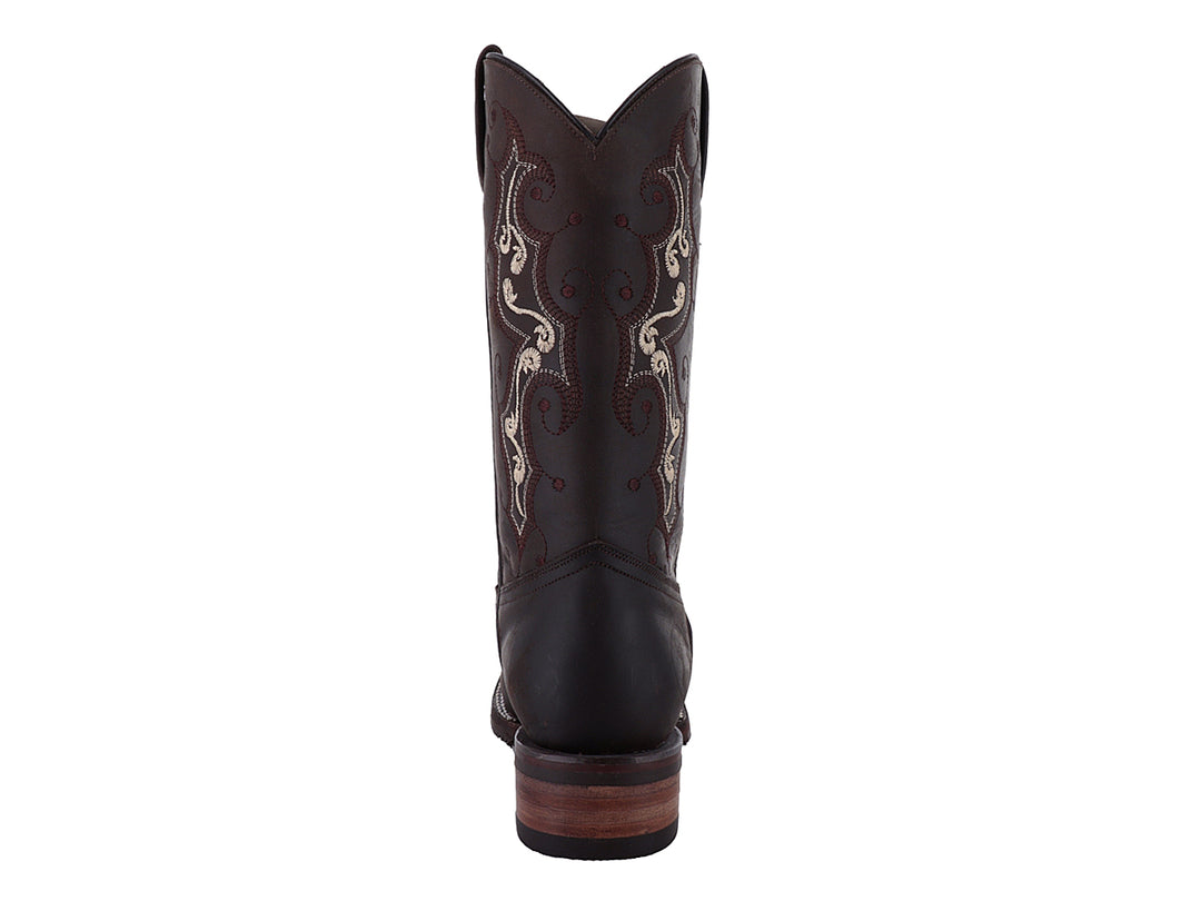 Bota vaquera Israel Boots color café con bordados decorativos en beige y suela de madera.