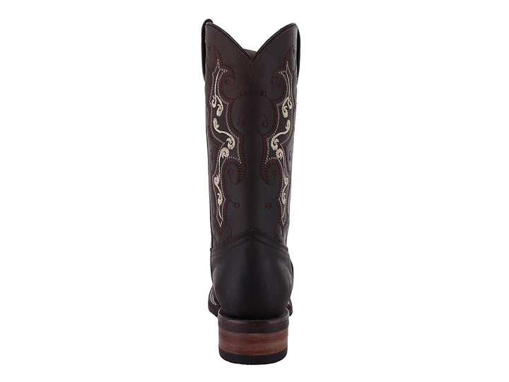 Bota vaquera Israel Boots color café con bordados decorativos en beige y suela de madera.