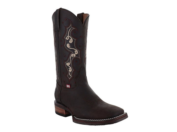 Bota vaquera Israel Boots color café con bordados decorativos en beige y suela de madera.