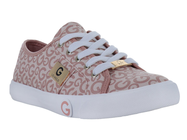 Tenis casuales color rosa con estampado de letras G y suela blanca.