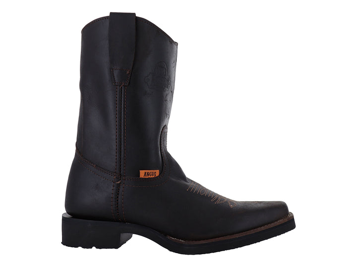 Bota vaquera de cuero color moka marca Angus para hombre con suela negra.