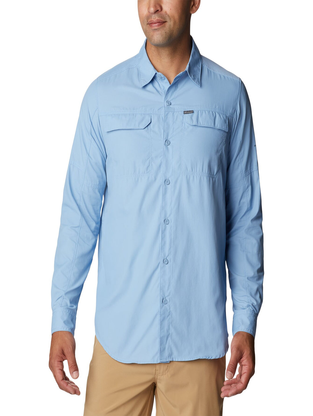Camisa Columbia de manga larga en color azul claro Jet Stream con bolsillos en el pecho.