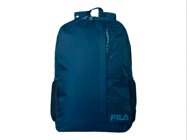 Mochila escolar FILA color azul marino con compartimento frontal y bolsillos laterales de malla.