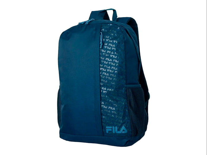 Mochila escolar FILA color azul marino con compartimento frontal y bolsillos laterales de malla.