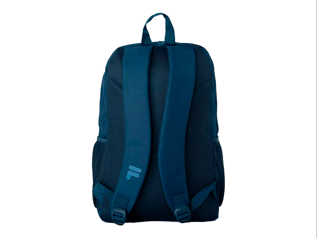 Mochila escolar FILA color azul marino con compartimento frontal y bolsillos laterales de malla.