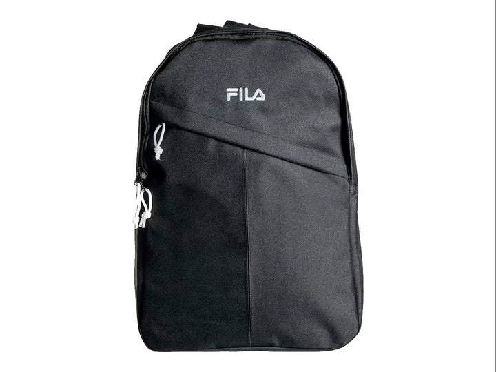 Mochila escolar FILA de color negro con logotipo blanco y detalles en blanco, diseño deportivo y moderno.