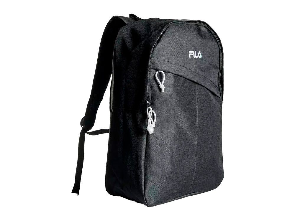 Mochila escolar FILA de color negro con logotipo blanco y detalles en blanco, diseño deportivo y moderno.