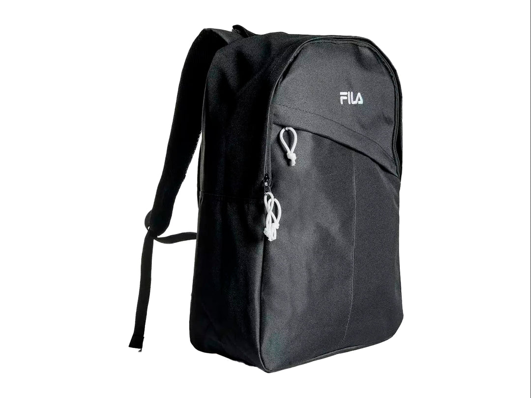 Mochila escolar FILA de color negro con logotipo blanco y detalles en blanco, diseño deportivo y moderno.
