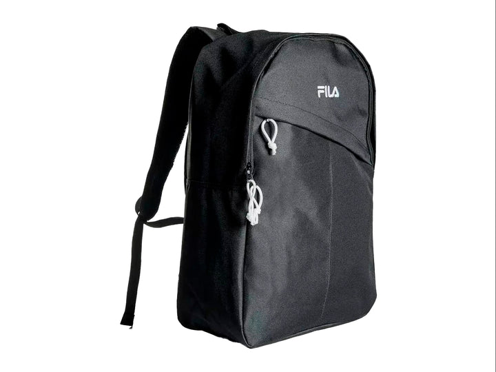 Mochila escolar FILA de color negro con logotipo blanco y detalles en blanco, diseño deportivo y moderno.
