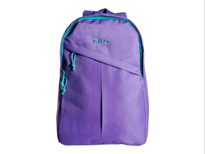 Mochila escolar FILA de color morado con detalles en turquesa y logotipo frontal.