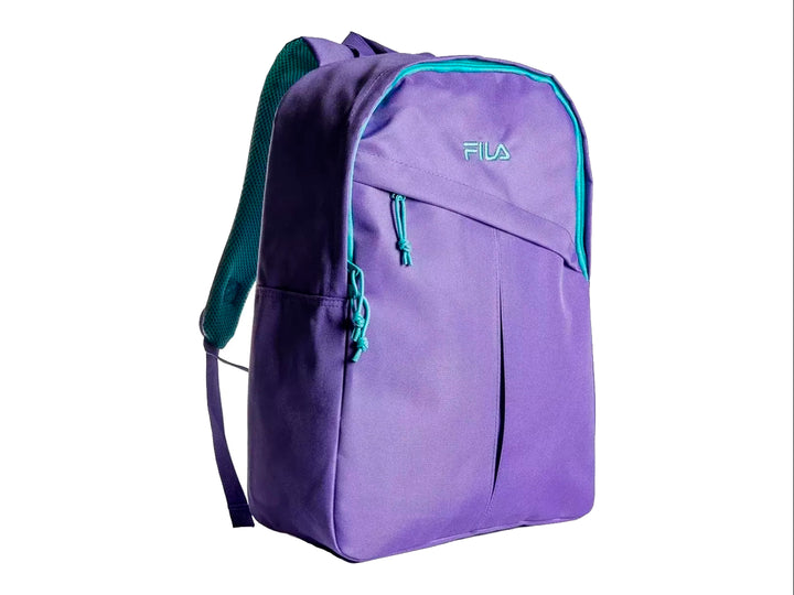 Mochila escolar FILA de color morado con detalles en turquesa y logotipo frontal.